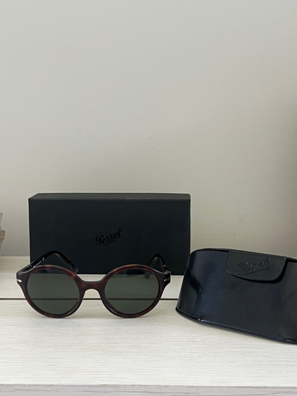 Persol Women's Round Tortoiseshell Sunglasses - Dark Brown Frame, Green Lenses